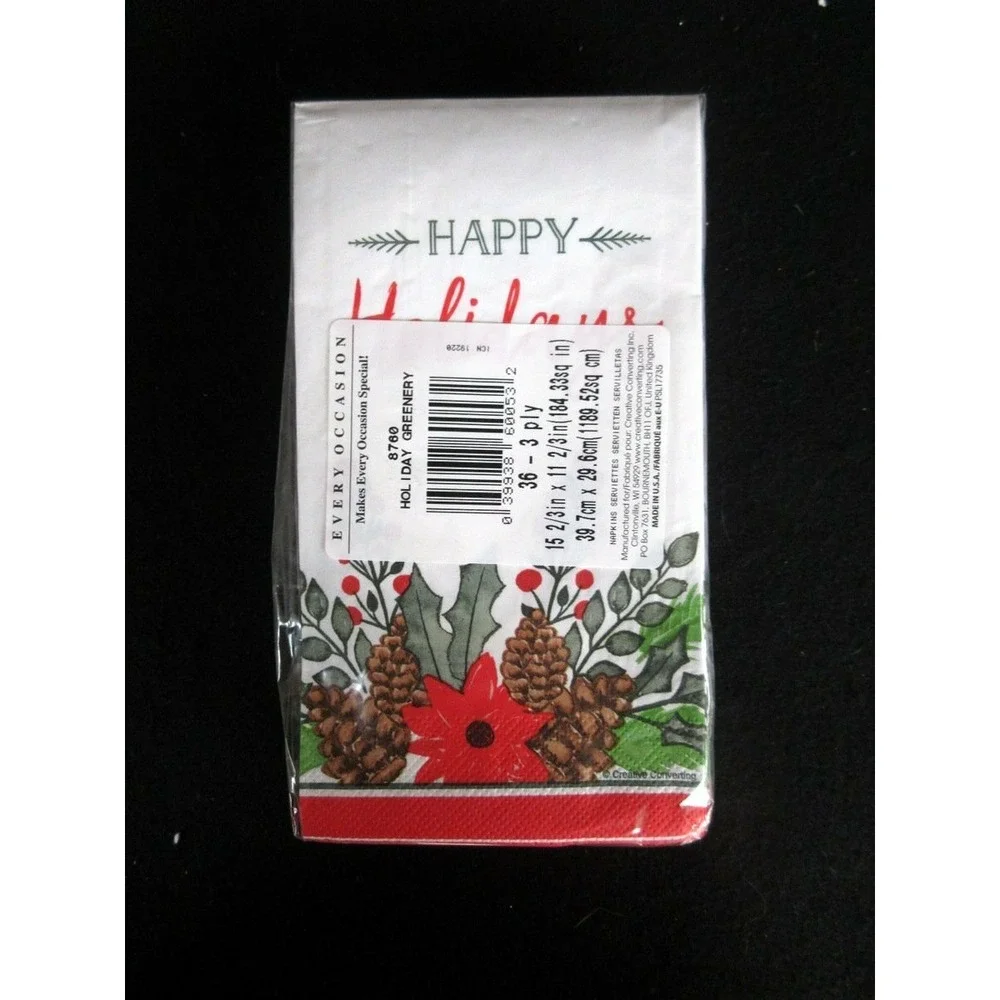 Holiday Greenery 8760 Christmas‎ Dinner Napkins 36 Ct White Holly/Berries